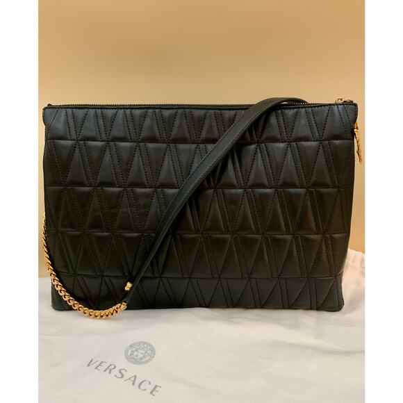 VERSACE Virtus V Bag Black Shoulder Crossbody Clutch Quilted Strap Authentic NEW - Picture 2 of 15